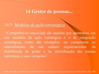 Fonte: ARAUJO, Luis César G. de. Gestão de Pessoas; estratégias e integração organizacional São Paulo: Atlas, 2006.
14 Gestor de pessoas...
14.5 Modelos de ação estratégica
.“Competências essenciais são aquelas que apontamos em
nos modelos de ação estratégica e o de integração
estratégica, como são exemplos: ser competente no
entendimento da sua cultura organizacional, da
distribuição de poder e na identificação das muitas
lideranças e suas variações”.
 