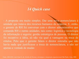 Fonte: ARAUJO, Luis César G. de. Gestão de Pessoas; estratégias e integração organizacional São Paulo: Atlas, 2006.
14 Quick case
- A proposta era muito simples. Dar uma nova nomenclatura à
unidade que tratava dos recursos humanos da empresa. E, então,
o gerente de RH foi conversar com o diretor administrativo que
comanda RH e outras unidades, tais como: logística e tecnologia
da informação e sugeriu: gestão estratégica de pessoas. O diretor
foi receptivo a idéia, só não via qual a vantagem na troca de
rótulos. Pelo que o gerente falara o diretor entendia que não
havia nada que justificasse a troca de nomenclatura, a não ser
apenas a vontade de mudar.
 