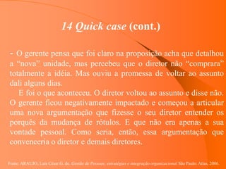 Fonte: ARAUJO, Luis César G. de. Gestão de Pessoas; estratégias e integração organizacional São Paulo: Atlas, 2006.
14 Quick case (cont.)
- O gerente pensa que foi claro na proposição acha que detalhou
a “nova” unidade, mas percebeu que o diretor não “comprara”
totalmente a idéia. Mas ouviu a promessa de voltar ao assunto
dali alguns dias.
E foi o que aconteceu. O diretor voltou ao assunto e disse não.
O gerente ficou negativamente impactado e começou a articular
uma nova argumentação que fizesse o seu diretor entender os
porquês da mudança de rótulos. E que não era apenas a sua
vontade pessoal. Como seria, então, essa argumentação que
convenceria o diretor e demais diretores.
 