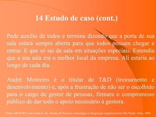 Fonte: ARAUJO, Luis César G. de. Gestão de Pessoas; estratégias e integração organizacional São Paulo: Atlas, 2006.
14 Estudo de caso (cont.)
Pede auxílio de todos e termina dizendo que a porta de sua
sala estará sempre aberta para que todos possam chegar e
entrar. E que só sai da sala em situações especiais. Entendia
que a sua sala era o melhor local da empresa. Ali estaria ao
longo de cada dia.
André Monteiro é o titular de T&D (treinamento e
desenvolvimento) e, após a frustração de não ser o escolhido
para o cargo de gestor de pessoas, firmara o compromisso
público de dar todo o apoio necessário à gestora.
 