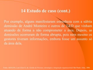 Fonte: ARAUJO, Luis César G. de. Gestão de Pessoas; estratégias e integração organizacional São Paulo: Atlas, 2006.
14 Estudo de caso (cont.)
Por exemplo, alguns manifestaram estranheza com a súbita
demissão de André Monteiro e outros de T&D que vinham
atuando de forma a não comprometer a área. Depois, as
demissões ocorreram de forma abrupta, pois nem mesmo os
gestores tiveram informações, embora fosse um assunto só
da área dela.
 