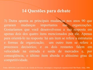 Fonte: ARAUJO, Luis César G. de. Gestão de Pessoas; estratégias e integração organizacional São Paulo: Atlas, 2006.
14 Questões para debate
3) Dutra aponta as principais mudanças nos anos 90 que
geraram mudanças importantes nas organizações.
Gostaríamos que você desenvolvesse a sua resposta em
apenas dois dos quatro itens mencionados por ele. Apenas
para orientá-lo na resposta: há um item se refere a estruturas
e formas de organização; um outro item se refere a
processos decisórios; e os dois restantes falem em
velocidade na entrada e saída de mercados e, por
conseqüência, o último item aborda o altíssimo grau de
competitividade.
 
