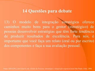 Fonte: ARAUJO, Luis César G. de. Gestão de Pessoas; estratégias e integração organizacional São Paulo: Atlas, 2006.
14 Questões para debate
13) O modelo de integração estratégica oferece
caminhos muito bons para o gestor (estratégico) de
pessoas desenvolver estratégias que têm forte tendência
de produzir resultados de excelência. Para nós, é
importante que você faça um relato (oral ou por escrito)
dos componentes e faça a sua avaliação pessoal.
 