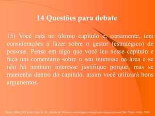 Fonte: ARAUJO, Luis César G. de. Gestão de Pessoas; estratégias e integração organizacional São Paulo: Atlas, 2006.
14 Questões para debate
15) Você está no último capítulo e, certamente, tem
considerações a fazer sobre o gestor (estratégico) de
pessoas. Pense em algo que você leu nesse capítulo e
faça um comentário sobre o seu interesse na área e se
não há nenhum interesse justifique porque, mas se
mantenha dentro do capítulo, assim você utilizará bons
argumentos.
 
