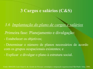 Fonte: ARAUJO, Luis César G. de. Gestão de Pessoas; estratégias e integração organizacional São Paulo: Atlas, 2006.
3 Cargos e salários (C&S)
3.6 Implantação do plano de cargos e salários
.Primeira fase: Planejamento e divulgação:
- Estabelecer os objetivos;
- Determinar o número de planos necessários de acordo
com os grupos ocupacionais existentes; e
- Explicar e divulgar o plano à estrutura social.
 
