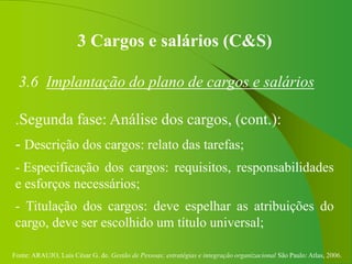 Fonte: ARAUJO, Luis César G. de. Gestão de Pessoas; estratégias e integração organizacional São Paulo: Atlas, 2006.
3 Cargos e salários (C&S)
3.6 Implantação do plano de cargos e salários
.Segunda fase: Análise dos cargos, (cont.):
- Descrição dos cargos: relato das tarefas;
- Especificação dos cargos: requisitos, responsabilidades
e esforços necessários;
- Titulação dos cargos: deve espelhar as atribuições do
cargo, deve ser escolhido um título universal;
 