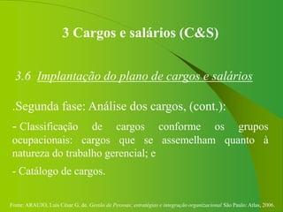 Fonte: ARAUJO, Luis César G. de. Gestão de Pessoas; estratégias e integração organizacional São Paulo: Atlas, 2006.
3 Cargos e salários (C&S)
3.6 Implantação do plano de cargos e salários
.Segunda fase: Análise dos cargos, (cont.):
- Classificação de cargos conforme os grupos
ocupacionais: cargos que se assemelham quanto à
natureza do trabalho gerencial; e
- Catálogo de cargos.
 