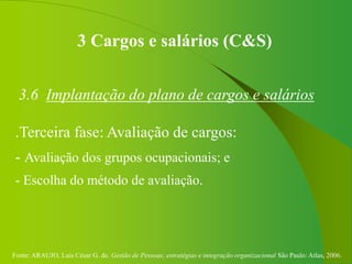Fonte: ARAUJO, Luis César G. de. Gestão de Pessoas; estratégias e integração organizacional São Paulo: Atlas, 2006.
3 Cargos e salários (C&S)
3.6 Implantação do plano de cargos e salários
.Terceira fase: Avaliação de cargos:
- Avaliação dos grupos ocupacionais; e
- Escolha do método de avaliação.
 