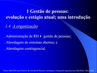 Fonte: ARAUJO, Luis César G. de. Gestão de Pessoas; estratégias e integração organizacional São Paulo: Atlas, 2006.
1 Gestão de pessoas:
evolução e estágio atual; uma introdução
1.4 A organização
. Administração de RH gestão de pessoas;
. Abordagem de sistemas abertos; e
. Abordagem contingencial.
 