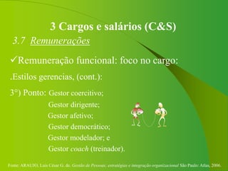 Fonte: ARAUJO, Luis César G. de. Gestão de Pessoas; estratégias e integração organizacional São Paulo: Atlas, 2006.
3 Cargos e salários (C&S)
3.7 Remunerações
Remuneração funcional: foco no cargo:
.Estilos gerencias, (cont.):
3°) Ponto: Gestor coercitivo;
Gestor dirigente;
Gestor afetivo;
Gestor democrático;
Gestor modelador; e
Gestor coach (treinador).
 