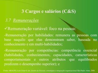 Fonte: ARAUJO, Luis César G. de. Gestão de Pessoas; estratégias e integração organizacional São Paulo: Atlas, 2006.
3 Cargos e salários (C&S)
3.7 Remunerações
Remuneração variável: foco na pessoa:
-Remuneração por habilidades: remunera as pessoas com
base naquilo que elas demonstram saber, baseada no
conhecimento e em multi-habilidades;
-Remuneração por competências: competência essencial
(habilidades, conhecimentos, capacidades, características
comportamentais e outros atributos que equilibrados
predizem o desempenho superior); e
 