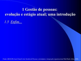 Fonte: ARAUJO, Luis César G. de. Gestão de Pessoas; estratégias e integração organizacional São Paulo: Atlas, 2006.
1 Gestão de pessoas:
evolução e estágio atual; uma introdução
1.5 Enfim...
 