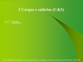 Fonte: ARAUJO, Luis César G. de. Gestão de Pessoas; estratégias e integração organizacional São Paulo: Atlas, 2006.
3 Cargos e salários (C&S)
3.12 Enfim...
 