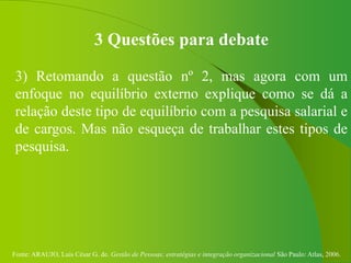 Fonte: ARAUJO, Luis César G. de. Gestão de Pessoas; estratégias e integração organizacional São Paulo: Atlas, 2006.
3 Questões para debate
3) Retomando a questão nº 2, mas agora com um
enfoque no equilíbrio externo explique como se dá a
relação deste tipo de equilíbrio com a pesquisa salarial e
de cargos. Mas não esqueça de trabalhar estes tipos de
pesquisa.
 