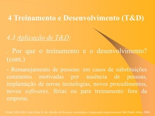 Fonte: ARAUJO, Luis César G. de. Gestão de Pessoas; estratégias e integração organizacional São Paulo: Atlas, 2006.
4 Treinamento e Desenvolvimento (T&D)
4.3 Aplicação de T&D:
. Por que o treinamento e o desenvolvimento?
(cont.)
- Remanejamento de pessoas: em casos de substituições
constantes motivadas por ausência de pessoas,
implantação de novas tecnologias, novos procedimentos,
novos softwares, férias ou para treinamento fora da
empresa;
 