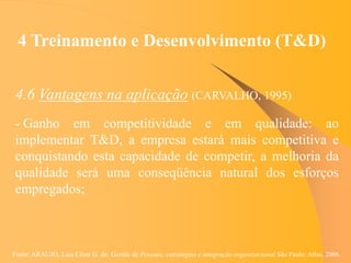 Fonte: ARAUJO, Luis César G. de. Gestão de Pessoas; estratégias e integração organizacional São Paulo: Atlas, 2006.
4 Treinamento e Desenvolvimento (T&D)
4.6 Vantagens na aplicação (CARVALHO, 1995)
- Ganho em competitividade e em qualidade: ao
implementar T&D, a empresa estará mais competitiva e
conquistando esta capacidade de competir, a melhoria da
qualidade será uma conseqüência natural dos esforços
empregados;
 
