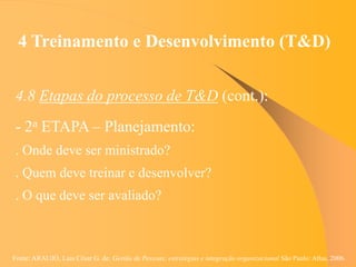 Fonte: ARAUJO, Luis César G. de. Gestão de Pessoas; estratégias e integração organizacional São Paulo: Atlas, 2006.
4 Treinamento e Desenvolvimento (T&D)
4.8 Etapas do processo de T&D (cont.):
- 2a ETAPA – Planejamento:
. Onde deve ser ministrado?
. Quem deve treinar e desenvolver?
. O que deve ser avaliado?
 