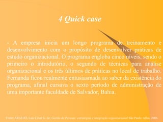 Fonte: ARAUJO, Luis César G. de. Gestão de Pessoas; estratégias e integração organizacional São Paulo: Atlas, 2006.
4 Quick case
- A empresa inicia um longo programa de treinamento e
desenvolvimento com o propósito de desenvolver práticas de
estudo organizacional. O programa engloba cinco níveis, sendo o
primeiro o introdutório, o segundo de técnicas para análise
organizacional e os três últimos de práticas no local de trabalho.
Fernanda ficou realmente entusiasmada ao saber da existência do
programa, afinal cursava o sexto período de administração de
uma importante faculdade de Salvador, Bahia.
 