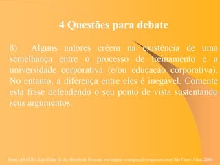 Fonte: ARAUJO, Luis César G. de. Gestão de Pessoas; estratégias e integração organizacional São Paulo: Atlas, 2006.
4 Questões para debate
8) Alguns autores crêem na existência de uma
semelhança entre o processo de treinamento e a
universidade corporativa (e/ou educação corporativa).
No entanto, a diferença entre eles é inegável. Comente
esta frase defendendo o seu ponto de vista sustentando
seus argumentos.
 