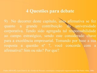 Fonte: ARAUJO, Luis César G. de. Gestão de Pessoas; estratégias e integração organizacional São Paulo: Atlas, 2006.
4 Questões para debate
9) No decorrer deste capítulo, uma afirmativa se fez
quanto a grande contribuição da universidade
corporativa. Tendo sido agregada tal responsabilidade
ao campo estratégico, sendo este considerado chave
para a excelência empresarial. Tomando por base a sua
resposta a questão nº 7, você concorda com a
afirmativa? Sim ou não? Por que?
 