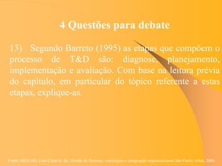 Fonte: ARAUJO, Luis César G. de. Gestão de Pessoas; estratégias e integração organizacional São Paulo: Atlas, 2006.
4 Questões para debate
13) Segundo Barreto (1995) as etapas que compõem o
processo de T&D são: diagnose, planejamento,
implementação e avaliação. Com base na leitura prévia
do capítulo, em particular do tópico referente a estas
etapas, explique-as.
 