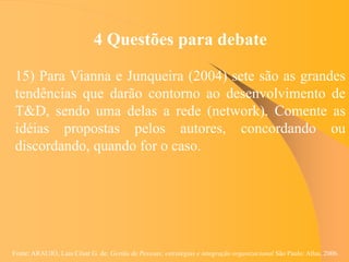 Fonte: ARAUJO, Luis César G. de. Gestão de Pessoas; estratégias e integração organizacional São Paulo: Atlas, 2006.
4 Questões para debate
15) Para Vianna e Junqueira (2004) sete são as grandes
tendências que darão contorno ao desenvolvimento de
T&D, sendo uma delas a rede (network). Comente as
idéias propostas pelos autores, concordando ou
discordando, quando for o caso.
 