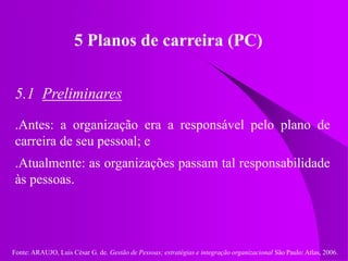 Fonte: ARAUJO, Luis César G. de. Gestão de Pessoas; estratégias e integração organizacional São Paulo: Atlas, 2006.
5 Planos de carreira (PC)
5.1 Preliminares
.Antes: a organização era a responsável pelo plano de
carreira de seu pessoal; e
.Atualmente: as organizações passam tal responsabilidade
às pessoas.
 