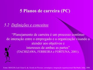 Fonte: ARAUJO, Luis César G. de. Gestão de Pessoas; estratégias e integração organizacional São Paulo: Atlas, 2006.
5 Planos de carreira (PC)
5.2 Definições e conceitos
“Planejamento de carreira é um processo contínuo
de interação entre o empregado e a organização visando a
atender aos objetivos e
interesses de ambas as partes”
(TACHIZAWA, FERREIRA e FORTUNA, 2001).
 