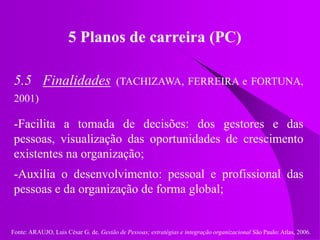 Fonte: ARAUJO, Luis César G. de. Gestão de Pessoas; estratégias e integração organizacional São Paulo: Atlas, 2006.
5 Planos de carreira (PC)
5.5 Finalidades (TACHIZAWA, FERREIRA e FORTUNA,
2001)
-Facilita a tomada de decisões: dos gestores e das
pessoas, visualização das oportunidades de crescimento
existentes na organização;
-Auxilia o desenvolvimento: pessoal e profissional das
pessoas e da organização de forma global;
 