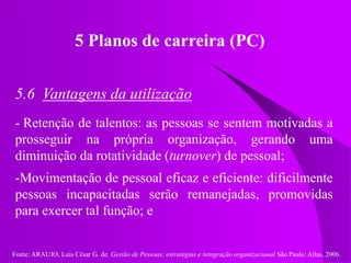 Fonte: ARAUJO, Luis César G. de. Gestão de Pessoas; estratégias e integração organizacional São Paulo: Atlas, 2006.
5 Planos de carreira (PC)
5.6 Vantagens da utilização
- Retenção de talentos: as pessoas se sentem motivadas a
prosseguir na própria organização, gerando uma
diminuição da rotatividade (turnover) de pessoal;
-Movimentação de pessoal eficaz e eficiente: dificilmente
pessoas incapacitadas serão remanejadas, promovidas
para exercer tal função; e
 