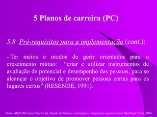 Fonte: ARAUJO, Luis César G. de. Gestão de Pessoas; estratégias e integração organizacional São Paulo: Atlas, 2006.
5 Planos de carreira (PC)
5.8 Pré-requisitos para a implementação (cont.):
- Ter meios e modos de gerir orientados para o
crescimento mútuo: “criar e utilizar instrumentos de
avaliação de potencial e desempenho das pessoas, para se
alcançar o objetivo de promover pessoas certas para os
lugares certos” (RESENDE, 1991).
 