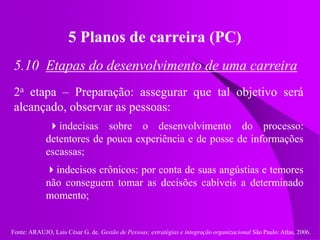 Fonte: ARAUJO, Luis César G. de. Gestão de Pessoas; estratégias e integração organizacional São Paulo: Atlas, 2006.
5 Planos de carreira (PC)
5.10 Etapas do desenvolvimento de uma carreira
2a etapa – Preparação: assegurar que tal objetivo será
alcançado, observar as pessoas:
indecisas sobre o desenvolvimento do processo:
detentores de pouca experiência e de posse de informações
escassas;
indecisos crônicos: por conta de suas angústias e temores
não conseguem tomar as decisões cabíveis a determinado
momento;
 
