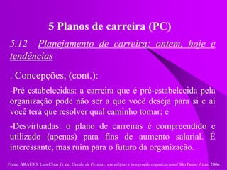 Fonte: ARAUJO, Luis César G. de. Gestão de Pessoas; estratégias e integração organizacional São Paulo: Atlas, 2006.
5 Planos de carreira (PC)
5.12 Planejamento de carreira: ontem, hoje e
tendências
. Concepções, (cont.):
-Pré estabelecidas: a carreira que é pré-estabelecida pela
organização pode não ser a que você deseja para si e aí
você terá que resolver qual caminho tomar; e
-Desvirtuadas: o plano de carreiras é compreendido e
utilizado (apenas) para fins de aumento salarial. É
interessante, mas ruim para o futuro da organização.
 