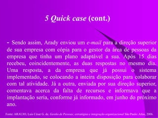 Fonte: ARAUJO, Luis César G. de. Gestão de Pessoas; estratégias e integração organizacional São Paulo: Atlas, 2006.
5 Quick case (cont.)
- Sendo assim, Arady enviou um e-mail para a direção superior
de sua empresa com cópia para o gestor da área de pessoas da
empresa que tinha um plano adaptável a sua. Após 15 dias
recebeu, coincidentemente, as duas respostas no mesmo dia.
Uma resposta, a da empresa que já possui o sistema
implementado, se colocando a inteira disposição para colaborar
com tal atividade. Já a outra, enviada por sua direção superior,
comentava acerca da falta de recursos e informava que a
implantação seria, conforme já informado, em junho do próximo
ano.
 