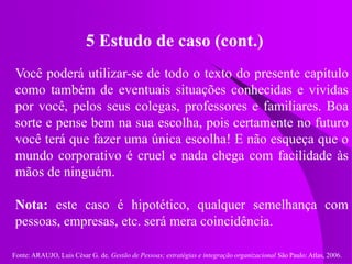 Fonte: ARAUJO, Luis César G. de. Gestão de Pessoas; estratégias e integração organizacional São Paulo: Atlas, 2006.
5 Estudo de caso (cont.)
Você poderá utilizar-se de todo o texto do presente capítulo
como também de eventuais situações conhecidas e vividas
por você, pelos seus colegas, professores e familiares. Boa
sorte e pense bem na sua escolha, pois certamente no futuro
você terá que fazer uma única escolha! E não esqueça que o
mundo corporativo é cruel e nada chega com facilidade às
mãos de ninguém.
Nota: este caso é hipotético, qualquer semelhança com
pessoas, empresas, etc. será mera coincidência.
 