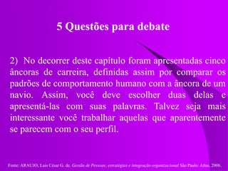 Fonte: ARAUJO, Luis César G. de. Gestão de Pessoas; estratégias e integração organizacional São Paulo: Atlas, 2006.
5 Questões para debate
2) No decorrer deste capítulo foram apresentadas cinco
âncoras de carreira, definidas assim por comparar os
padrões de comportamento humano com a âncora de um
navio. Assim, você deve escolher duas delas e
apresentá-las com suas palavras. Talvez seja mais
interessante você trabalhar aquelas que aparentemente
se parecem com o seu perfil.
 