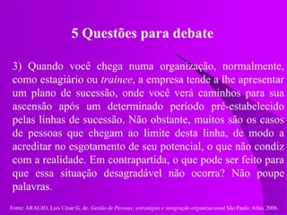 Fonte: ARAUJO, Luis César G. de. Gestão de Pessoas; estratégias e integração organizacional São Paulo: Atlas, 2006.
5 Questões para debate
3) Quando você chega numa organização, normalmente,
como estagiário ou trainee, a empresa tende a lhe apresentar
um plano de sucessão, onde você verá caminhos para sua
ascensão após um determinado período pré-estabelecido
pelas linhas de sucessão. Não obstante, muitos são os casos
de pessoas que chegam ao limite desta linha, de modo a
acreditar no esgotamento de seu potencial, o que não condiz
com a realidade. Em contrapartida, o que pode ser feito para
que essa situação desagradável não ocorra? Não poupe
palavras.
 