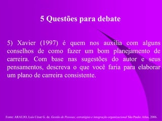 Fonte: ARAUJO, Luis César G. de. Gestão de Pessoas; estratégias e integração organizacional São Paulo: Atlas, 2006.
5 Questões para debate
5) Xavier (1997) é quem nos auxilia com alguns
conselhos de como fazer um bom planejamento de
carreira. Com base nas sugestões do autor e seus
pensamentos, descreva o que você faria para elaborar
um plano de carreira consistente.
 