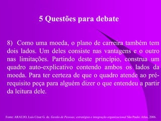 Fonte: ARAUJO, Luis César G. de. Gestão de Pessoas; estratégias e integração organizacional São Paulo: Atlas, 2006.
5 Questões para debate
8) Como uma moeda, o plano de carreira também tem
dois lados. Um deles consiste nas vantagens e o outro
nas limitações. Partindo deste princípio, construa um
quadro auto-explicativo contendo ambos os lados da
moeda. Para ter certeza de que o quadro atende ao pré-
requisito peça para alguém dizer o que entendeu a partir
da leitura dele.
 