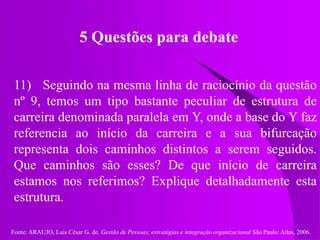 Fonte: ARAUJO, Luis César G. de. Gestão de Pessoas; estratégias e integração organizacional São Paulo: Atlas, 2006.
5 Questões para debate
11) Seguindo na mesma linha de raciocínio da questão
nº 9, temos um tipo bastante peculiar de estrutura de
carreira denominada paralela em Y, onde a base do Y faz
referencia ao início da carreira e a sua bifurcação
representa dois caminhos distintos a serem seguidos.
Que caminhos são esses? De que início de carreira
estamos nos referimos? Explique detalhadamente esta
estrutura.
 