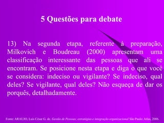 Fonte: ARAUJO, Luis César G. de. Gestão de Pessoas; estratégias e integração organizacional São Paulo: Atlas, 2006.
5 Questões para debate
13) Na segunda etapa, referente à preparação,
Milkovich e Boudreau (2000) apresentam uma
classificação interessante das pessoas que ali se
encontram. Se posicione nesta etapa e diga o que você
se considera: indeciso ou vigilante? Se indeciso, qual
deles? Se vigilante, qual deles? Não esqueça de dar os
porquês, detalhadamente.
 