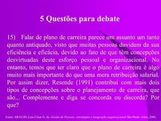 Fonte: ARAUJO, Luis César G. de. Gestão de Pessoas; estratégias e integração organizacional São Paulo: Atlas, 2006.
5 Questões para debate
15) Falar de plano de carreira parece um assunto um tanto
quanto antiquado, visto que muitas pessoas duvidam da sua
eficiência e eficácia, devido ao fato de que têm concepções
desvirtuadas deste esforço pessoal e organizacional. No
entanto, temos que ter claro que o plano de carreira é algo
muito mais importante do que uma mera retribuição salarial.
Por assim dizer, Resende (1991) contribui com mais dois
tipos de concepções sobre o planejamento de carreira, que
são... Complemente e diga se concorda ou discorda? Por
que?
 