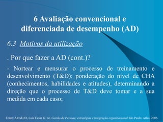 Fonte: ARAUJO, Luis César G. de. Gestão de Pessoas; estratégias e integração organizacional São Paulo: Atlas, 2006.
6 Avaliação convencional e
diferenciada de desempenho (AD)
6.3 Motivos da utilização
. Por que fazer a AD (cont.)?
- Nortear e mensurar o processo de treinamento e
desenvolvimento (T&D): ponderação do nível de CHA
(conhecimentos, habilidades e atitudes), determinando a
direção que o processo de T&D deve tomar e a sua
medida em cada caso;
 