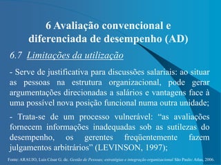 Fonte: ARAUJO, Luis César G. de. Gestão de Pessoas; estratégias e integração organizacional São Paulo: Atlas, 2006.
6 Avaliação convencional e
diferenciada de desempenho (AD)
6.7 Limitações da utilização
- Serve de justificativa para discussões salariais: ao situar
as pessoas na estrutura organizacional, pode gerar
argumentações direcionadas a salários e vantagens face à
uma possível nova posição funcional numa outra unidade;
- Trata-se de um processo vulnerável: “as avaliações
fornecem informações inadequadas sob as sutilezas do
desempenho, os gerentes freqüentemente fazem
julgamentos arbitrários” (LEVINSON, 1997);
 