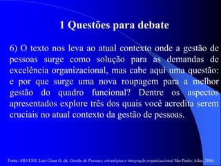 Fonte: ARAUJO, Luis César G. de. Gestão de Pessoas; estratégias e integração organizacional São Paulo: Atlas, 2006.
1 Questões para debate
6) O texto nos leva ao atual contexto onde a gestão de
pessoas surge como solução para as demandas de
excelência organizacional, mas cabe aqui uma questão:
e por que surge uma nova roupagem para a melhor
gestão do quadro funcional? Dentre os aspectos
apresentados explore três dos quais você acredita serem
cruciais no atual contexto da gestão de pessoas.
 