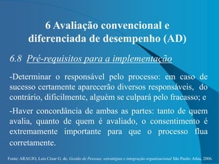 Fonte: ARAUJO, Luis César G. de. Gestão de Pessoas; estratégias e integração organizacional São Paulo: Atlas, 2006.
6 Avaliação convencional e
diferenciada de desempenho (AD)
6.8 Pré-requisitos para a implementação
-Determinar o responsável pelo processo: em caso de
sucesso certamente aparecerão diversos responsáveis, do
contrário, dificilmente, alguém se culpará pelo fracasso; e
-Haver concordância de ambas as partes: tanto de quem
avalia, quanto de quem é avaliado, o consentimento é
extremamente importante para que o processo flua
corretamente.
 