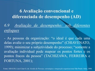 Fonte: ARAUJO, Luis César G. de. Gestão de Pessoas; estratégias e integração organizacional São Paulo: Atlas, 2006.
6 Avaliação convencional e
diferenciada de desempenho (AD)
6.9 Avaliação de desempenho: sob diferentes
enfoques
- As pessoas da organização: “o ideal é que cada uma
delas avalie o seu próprio desempenho” (CHIAVENATO,
1999); minimizar a subjetividade do processo; “somente a
avaliação individual pode mapear os pontos fortes e os
pontos fracos da pessoa” (TACHIZAWA, FERREIRA e
FORTUNA, 2001);
 