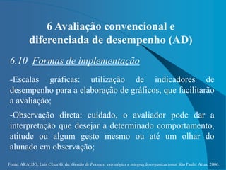 Fonte: ARAUJO, Luis César G. de. Gestão de Pessoas; estratégias e integração organizacional São Paulo: Atlas, 2006.
6 Avaliação convencional e
diferenciada de desempenho (AD)
6.10 Formas de implementação
-Escalas gráficas: utilização de indicadores de
desempenho para a elaboração de gráficos, que facilitarão
a avaliação;
-Observação direta: cuidado, o avaliador pode dar a
interpretação que desejar a determinado comportamento,
atitude ou algum gesto mesmo ou até um olhar do
alunado em observação;
 