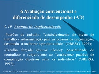 Fonte: ARAUJO, Luis César G. de. Gestão de Pessoas; estratégias e integração organizacional São Paulo: Atlas, 2006.
6 Avaliação convencional e
diferenciada de desempenho (AD)
6.10 Formas de implementação
-Padrões de trabalho: “estabelecimento de metas de
trabalho e administração para as pessoas da organização,
destinadas a melhorar a produtividade” (OBERG, 1997);
-Escolha forçada (forced choice): possibilidade de
neutralizar o subjetivismo ao “estabelecer padrões de
comparação objetivos entre os indivíduos” (OBERG,
1997);
 