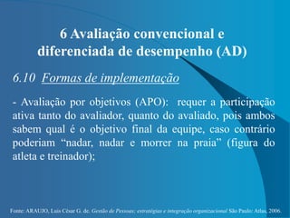 Fonte: ARAUJO, Luis César G. de. Gestão de Pessoas; estratégias e integração organizacional São Paulo: Atlas, 2006.
6 Avaliação convencional e
diferenciada de desempenho (AD)
6.10 Formas de implementação
- Avaliação por objetivos (APO): requer a participação
ativa tanto do avaliador, quanto do avaliado, pois ambos
sabem qual é o objetivo final da equipe, caso contrário
poderiam “nadar, nadar e morrer na praia” (figura do
atleta e treinador);
 